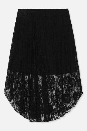 Front view of a black floral lace skirt with a gathered waistband and sheer flared hem.