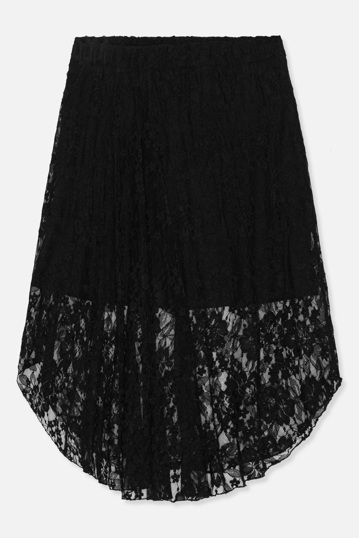 Front view of a black floral lace skirt with a gathered waistband and sheer flared hem.