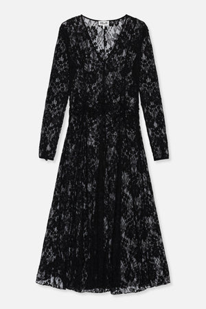 Front view of a black long-sleeved lace maxi dress with a deep V-neck, floral pattern and gathered waist.