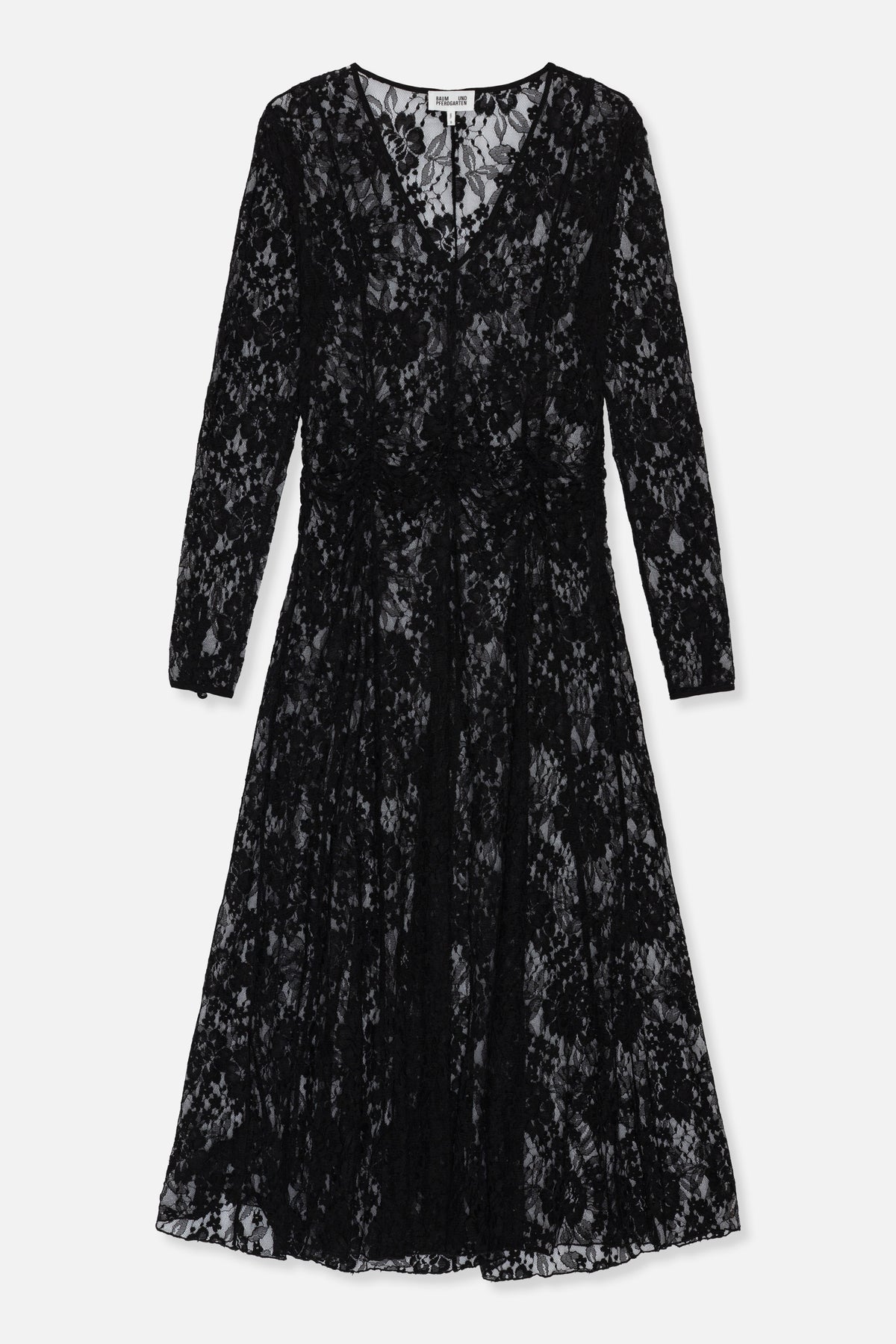 Front view of a black long-sleeved lace maxi dress with a deep V-neck, floral pattern and gathered waist.