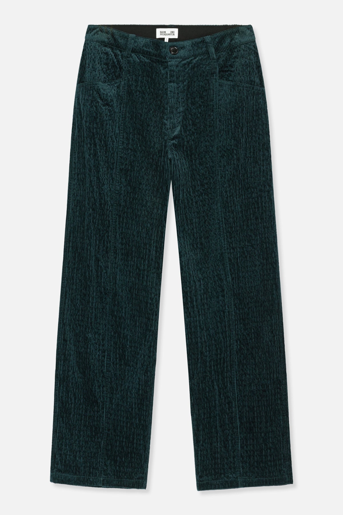 Front view of dark teal corduroy trousers with straight legs, a buttoned waistband and side pockets.