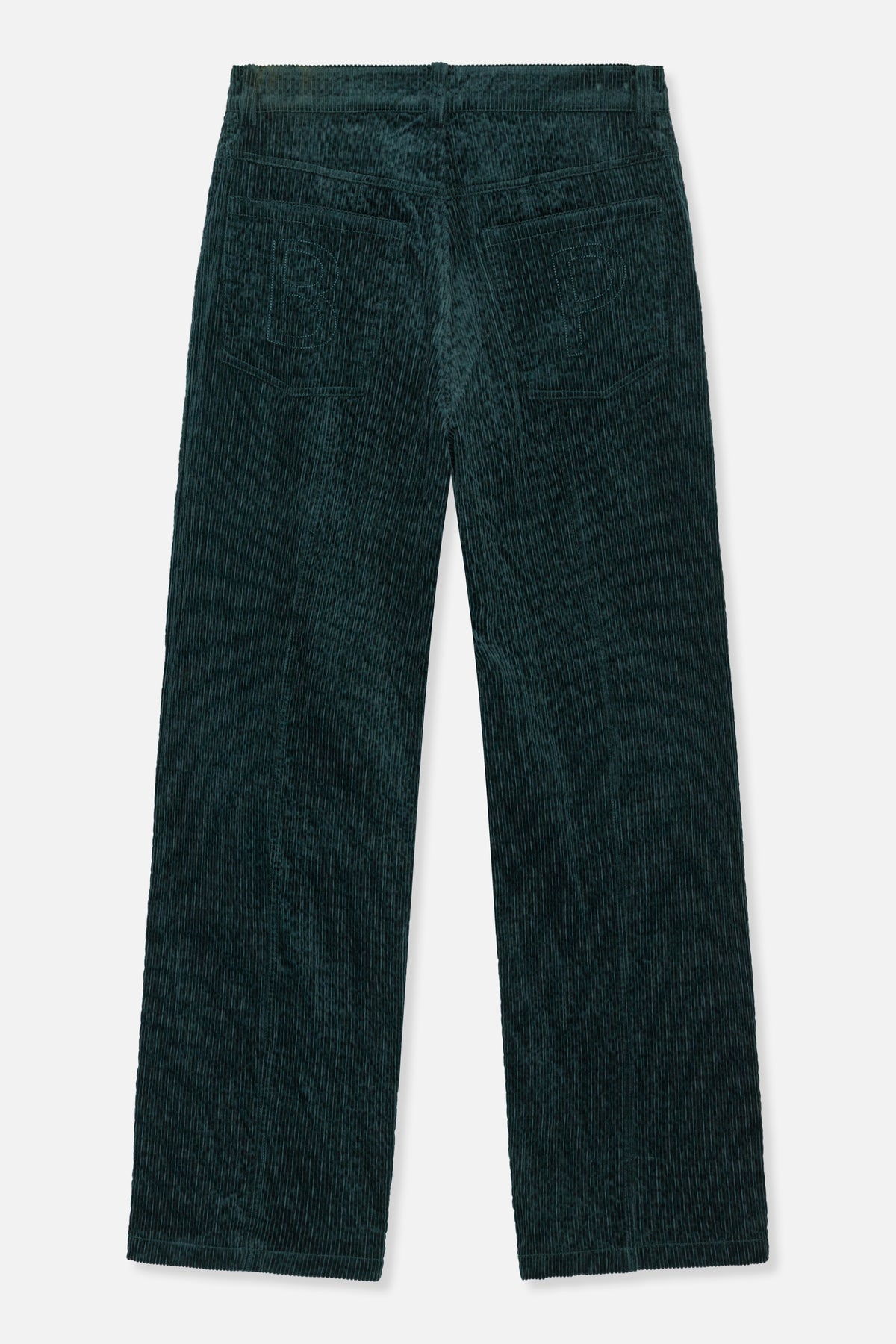 Back view of deep teal corduroy trousers with straight legs and two stitched patch pockets.