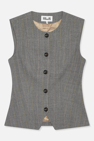 Front view of a sleeveless grey herringbone vest with fine yellow and tan pinstripes, dark buttons and beige neckline lining.
