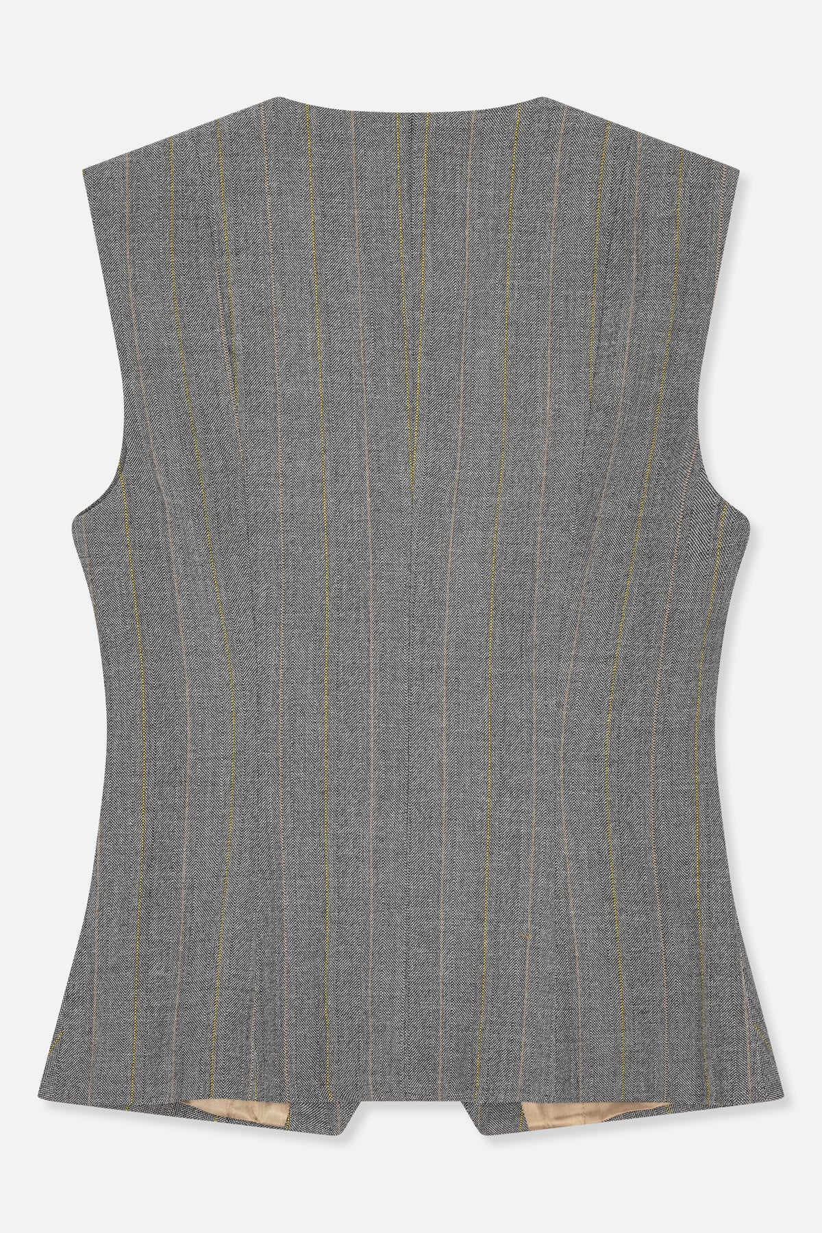 Back view of a sleeveless tailored vest in grey herringbone with thin yellow and tan vertical stripes