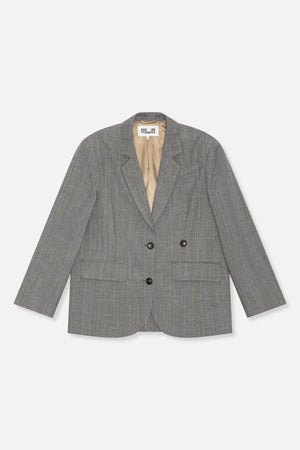 Front view of a grey blazer with fine yellow pinstripes, notched lapels, dark buttons and flap pockets.