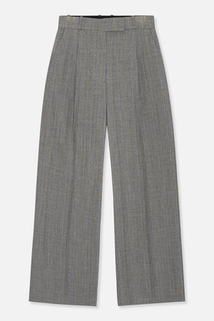 Front view of wide-leg grey trousers with fine mustard-yellow vertical pinstripes and front pleats.