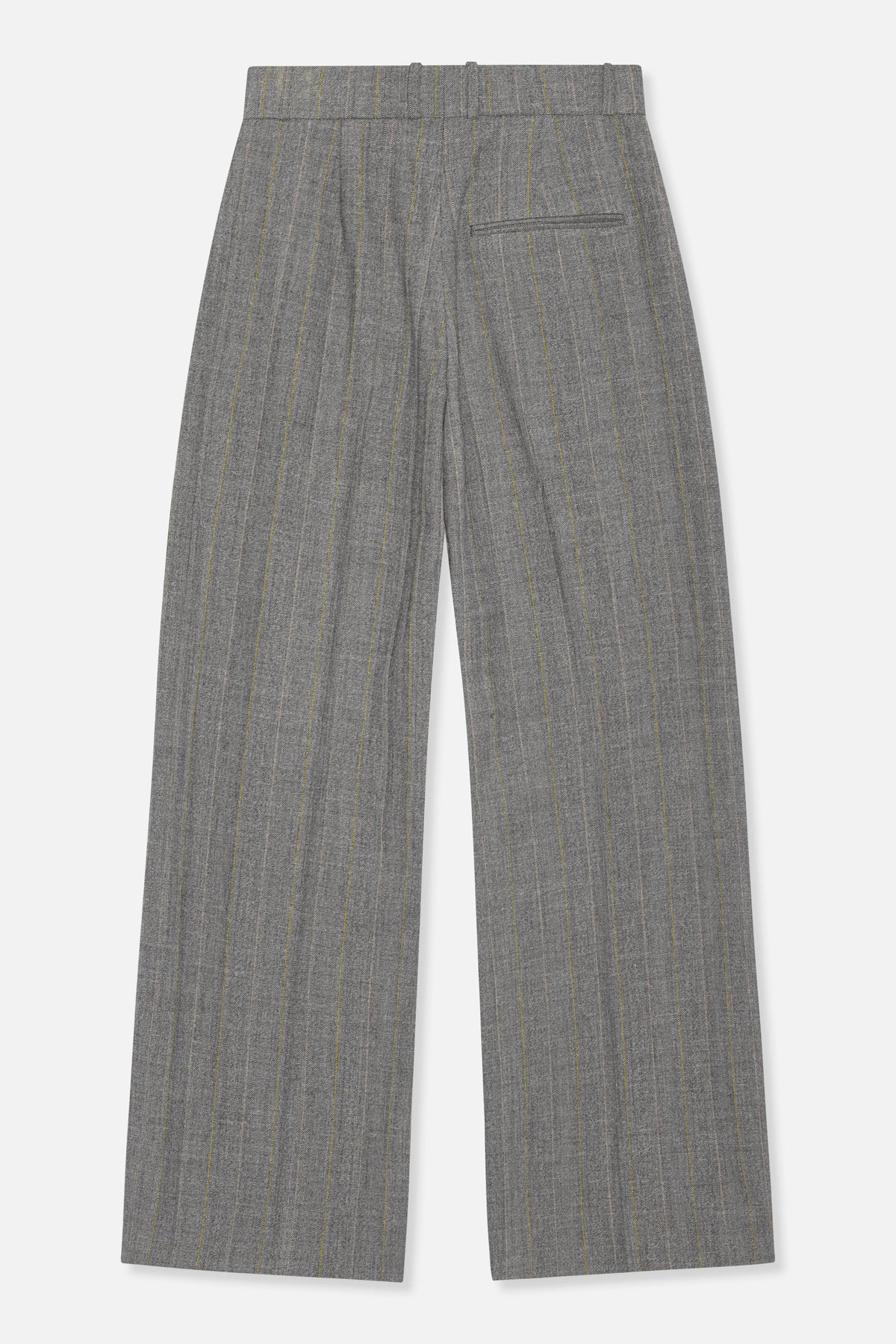 Back view of grey wide-leg trousers with fine yellow pinstripes, a waistband and a single welt pocket.