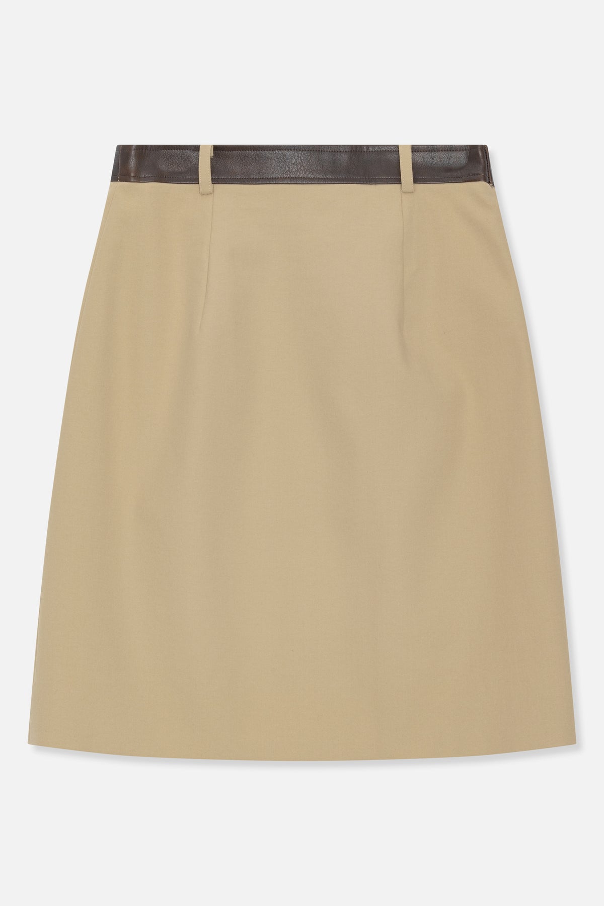 Beige A-line skirt with a dark brown contrasting waistband and matching beige belt loops, shown flat from the back.