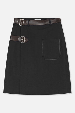 Front view of a black A-line skirt with a large patch pocket and dark brown buckle straps at the waist and hip