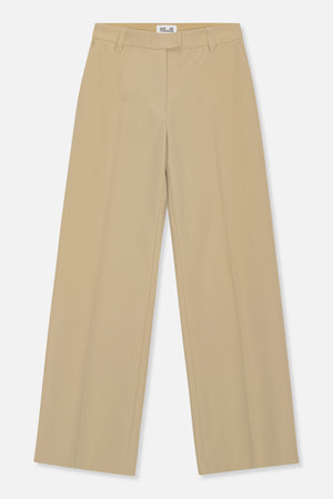 Front view of beige tailored trousers with belt loops, a clean waistband and wide straight legs.