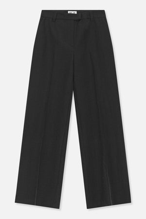Front view of charcoal black wide-leg trousers with a waistband, belt loops and pressed front creases.