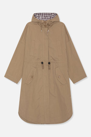 Front view of a long tan hooded coat with burgundy-and-cream plaid lining, button closure, drawstrings and large pockets.