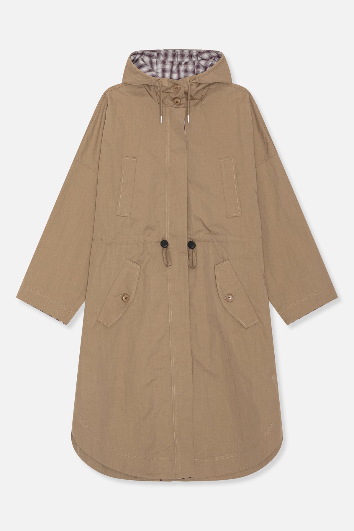 Front view of a long tan hooded coat with burgundy-and-cream plaid lining, button closure, drawstrings and large pockets.