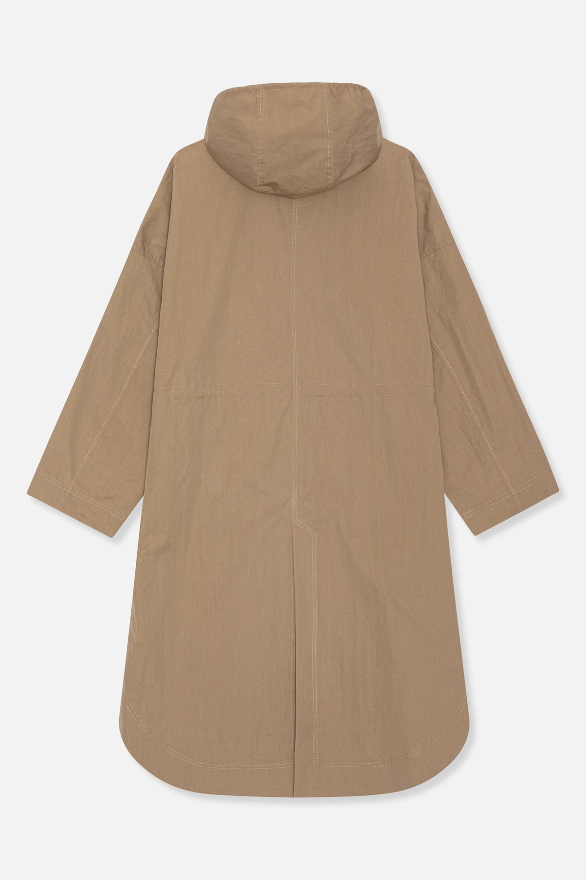 Back view of a long taupe hooded coat with wide sleeves, contrast stitching and a rounded hem.