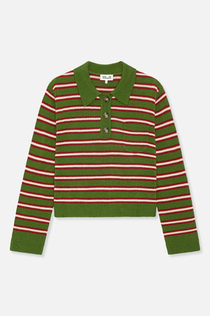 Front view of a green knitted long-sleeve sweater with red and cream horizontal stripes, a pointed collar and three-button placket.