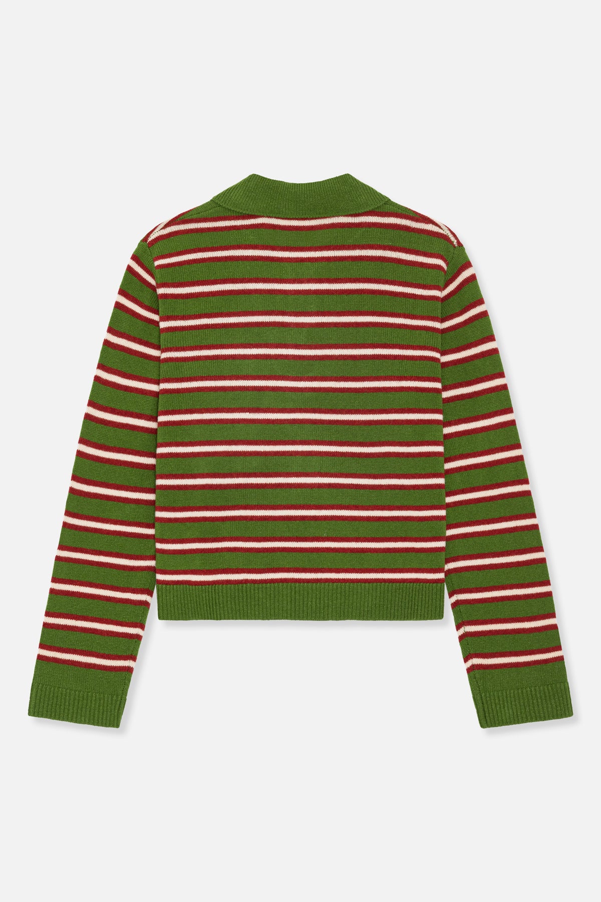 Back view of a green long-sleeved knit sweater with horizontal red and cream stripes and ribbed collar, cuffs and hem.