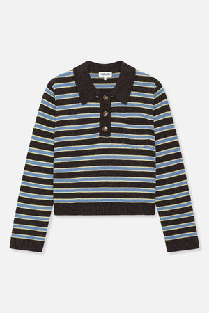 Front view of a dark brown knitted long-sleeve polo sweater with blue and pale yellow horizontal stripes and a three-button placket.