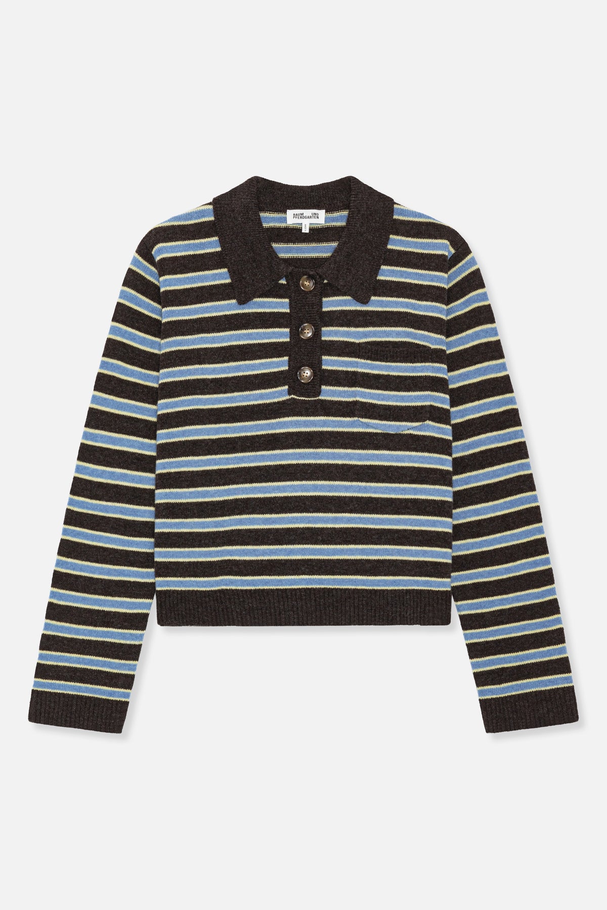 Front view of a dark brown knitted long-sleeve polo sweater with blue and pale yellow horizontal stripes and a three-button placket.