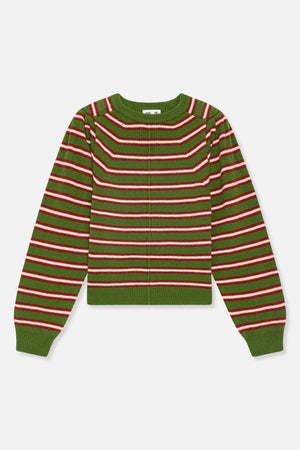 Front view of a green knitted crewneck sweater with horizontal red and cream stripes and ribbed cuffs and hem.