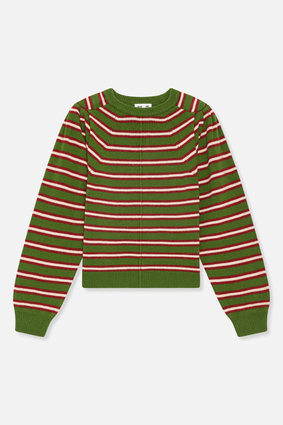 Front view of a green knitted crewneck sweater with horizontal red and cream stripes and ribbed cuffs and hem.