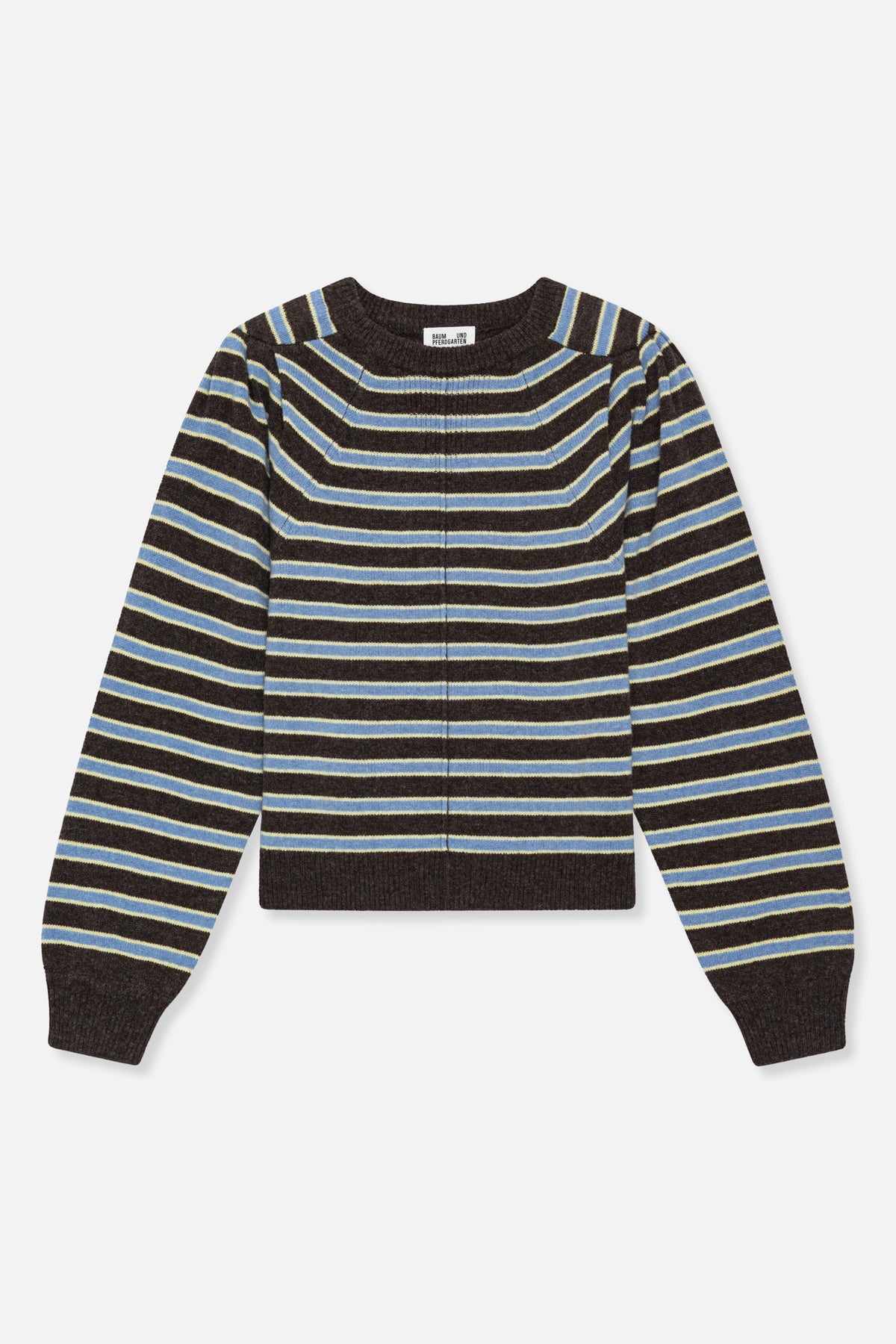 Front view of a dark brown crew-neck sweater with horizontal blue and pale yellow stripes and ribbed cuffs and hem.