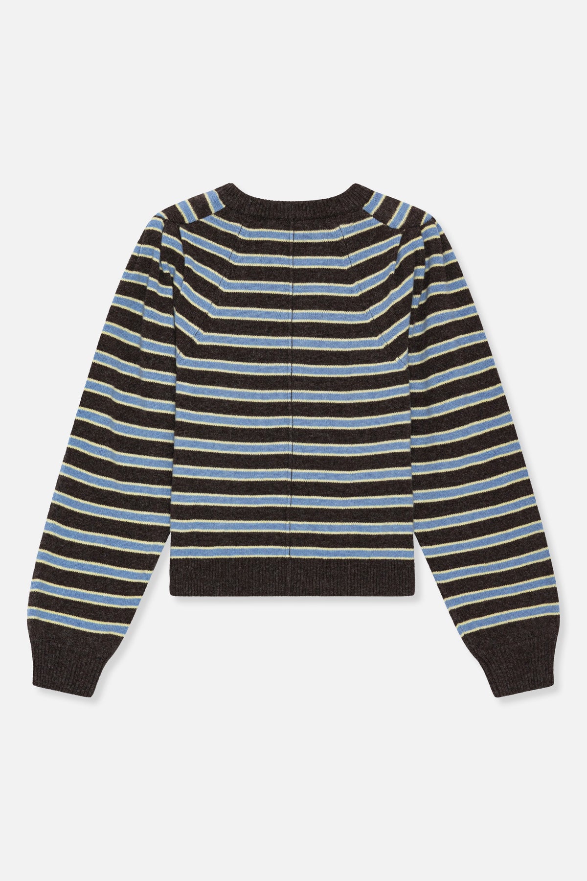 Back view of a dark brown striped knit sweater with light blue and pale yellow bands, a ribbed crew neck, cuffs and hem.