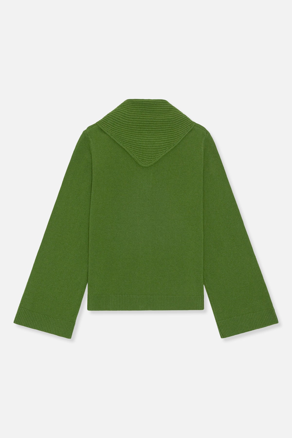 Back view of a green knitted sweater with a broad ribbed collar, long sleeves, and ribbed cuffs and hem.