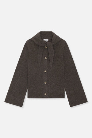 Dark brown knit cardigan with a wide shawl collar, front buttons and ribbed cuffs and hem, shown from the front
