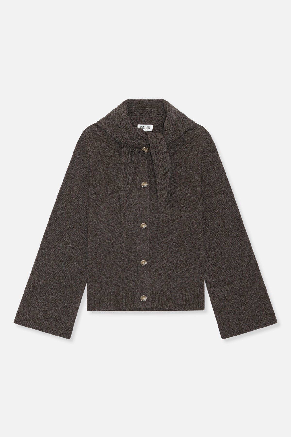 Dark brown knit cardigan with a wide shawl collar, front buttons and ribbed cuffs and hem, shown from the front