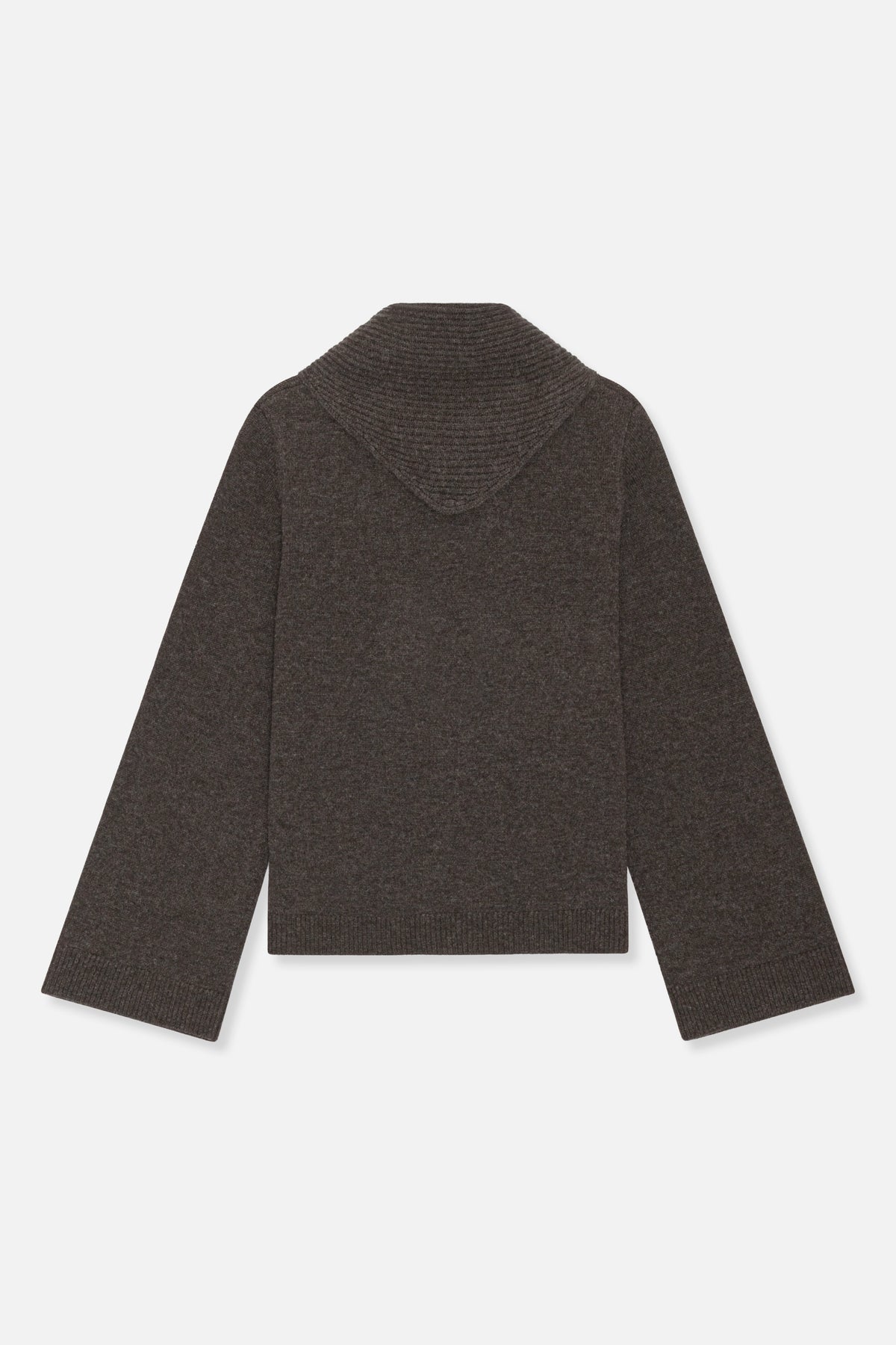 Back view of a dark charcoal-brown knit sweater with a large ribbed hood, long sleeves and ribbed cuffs and hem.
