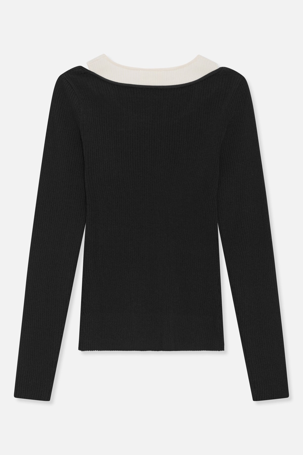 Front view of a black ribbed long-sleeve top with a wide neckline, layered over a cream ribbed top.