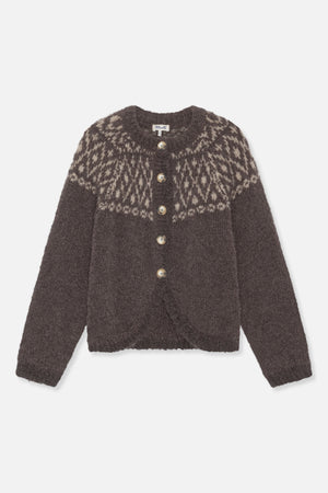 Front view of a dark brown knit cardigan with cream patterned shoulders, long sleeves and large buttons.