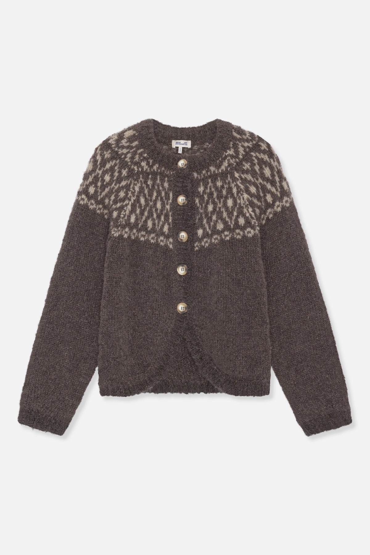 Front view of a dark brown knit cardigan with cream patterned shoulders, long sleeves and large buttons.