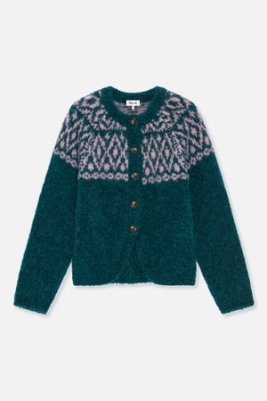 Front view of a dark teal button-front cardigan with a pink patterned yoke, round neckline and long sleeves.
