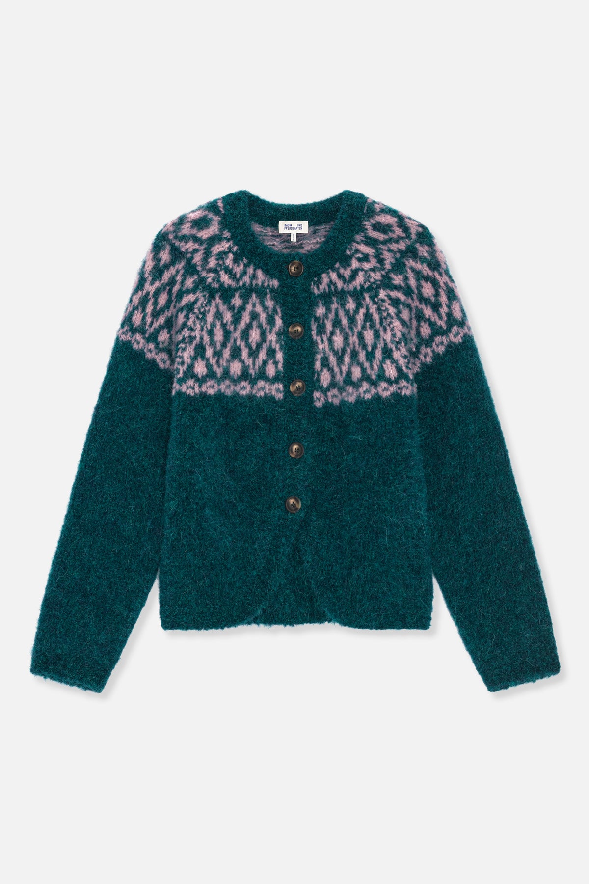 Front view of a dark teal button-front cardigan with a pink patterned yoke, round neckline and long sleeves.