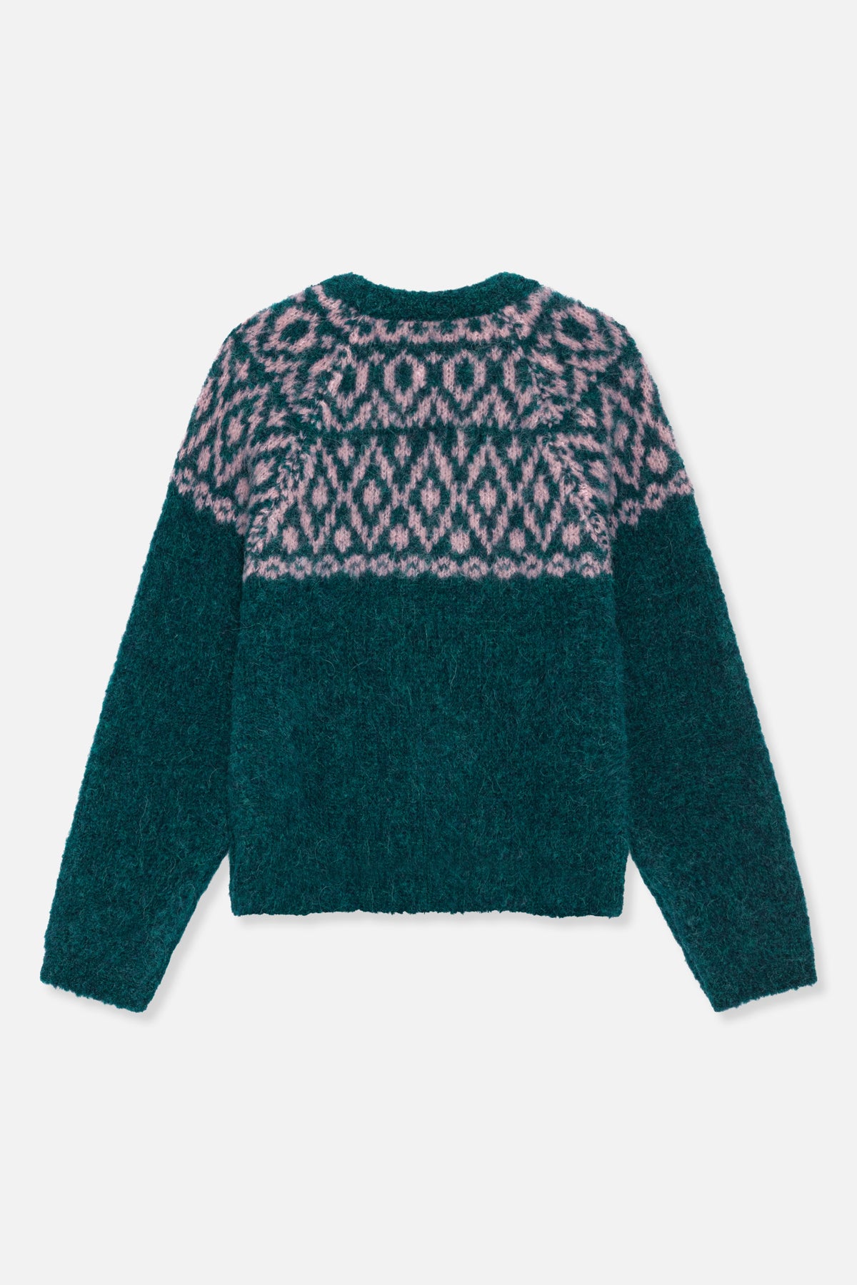 Front view of a dark teal crew-neck sweater with long sleeves and a pink geometric patterned yoke.