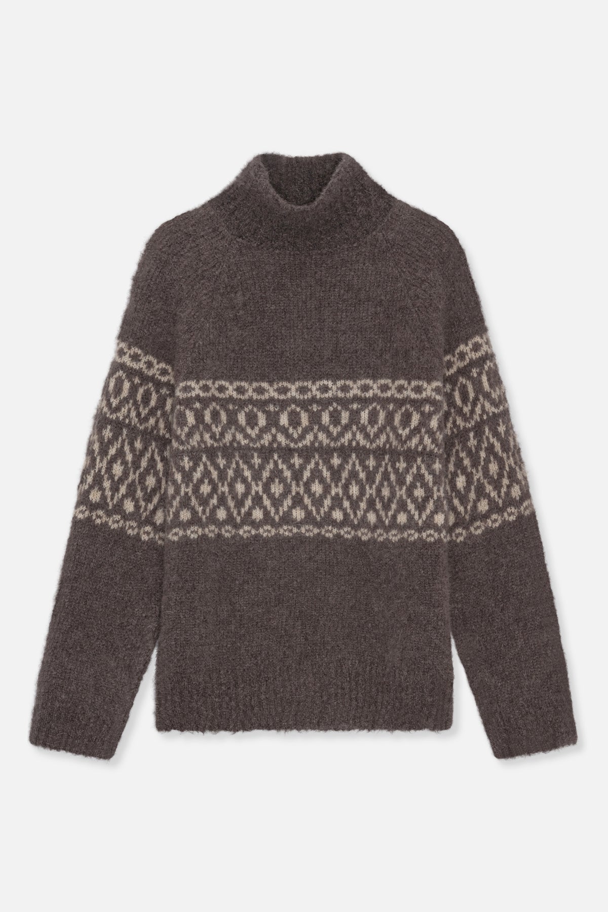 Front view of a dark brown fuzzy knit sweater with a high round neck and cream Fair Isle pattern across the chest and sleeves.