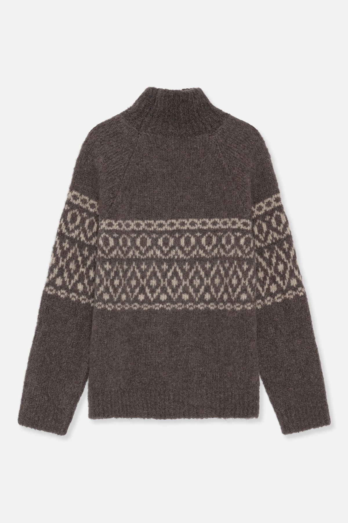 Back view of a dark brown high-neck knit sweater with cream geometric Fair Isle bands across the shoulders and sleeves.