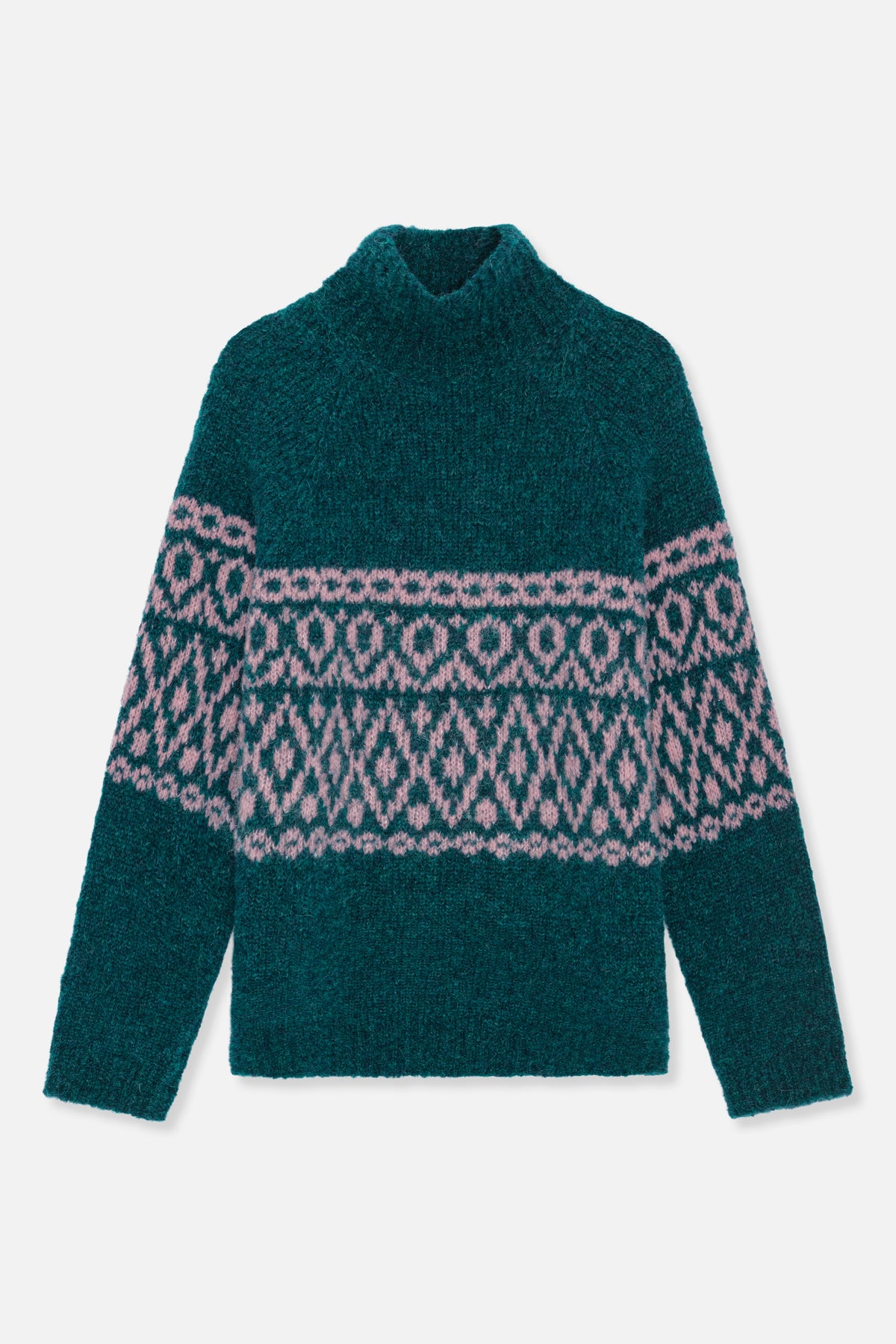 Front view of a teal knitted sweater with a high neckline and pink geometric patterned bands across the chest and sleeves.