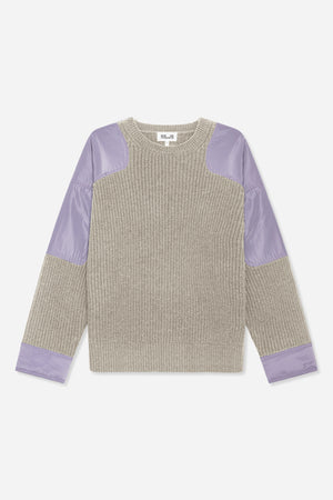Front view of a textured grey knit sweater with lavender contrast shoulder panels, sleeve sections and cuffs, and a ribbed crew neck.