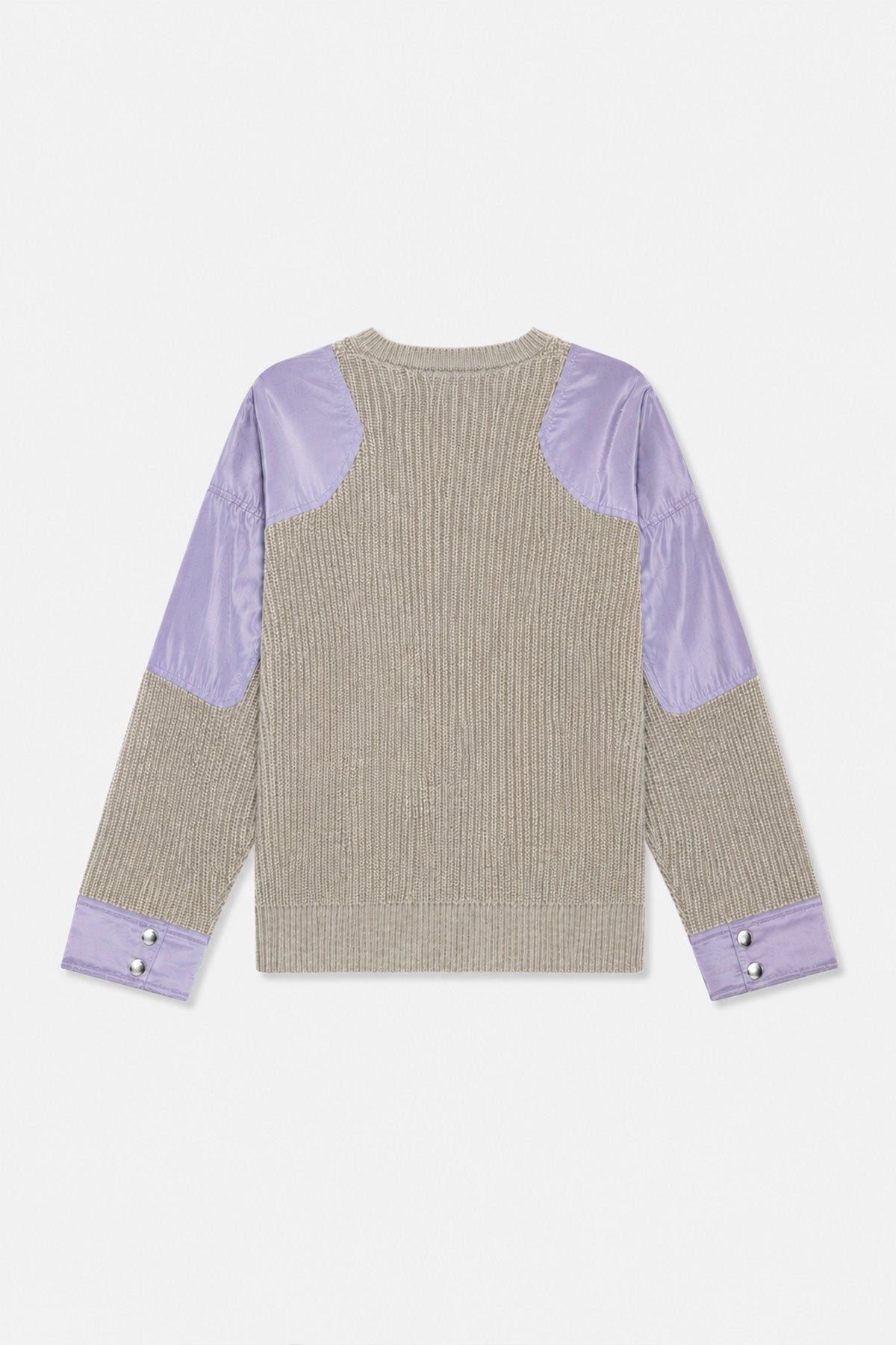 Back view of a taupe rib-knit sweater with lavender panels on the shoulders and sleeves and two-button cuffs.