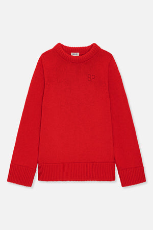 Bright red knitted crew-neck jumper shown from the front, with ribbed collar, cuffs and hem and a subtle chest monogram.