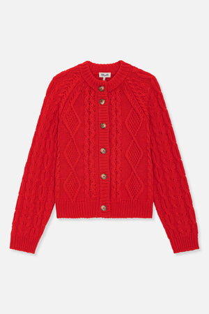 Front view of a bright red cable-knit cardigan with a round neckline, brown buttons and ribbed cuffs and hem.
