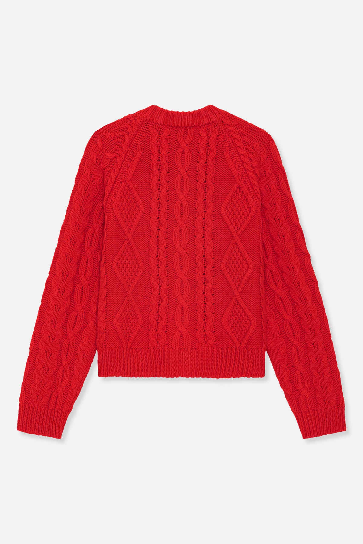 Bright red cable-knit sweater with long sleeves, a ribbed crew neckline, cuffs and hem, shown laid flat from the front.