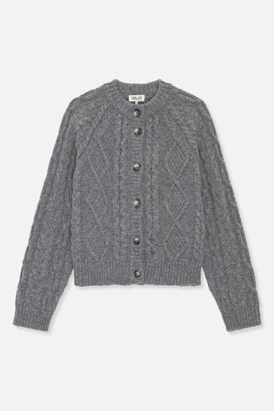 Front view of a heather-gray cable-knit cardigan with a round ribbed neckline, long sleeves and dark buttons.