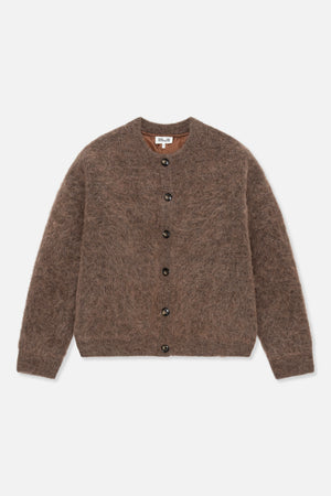 Front view of a taupe-brown fuzzy knit cardigan with a round neck, long sleeves and dark buttons.
