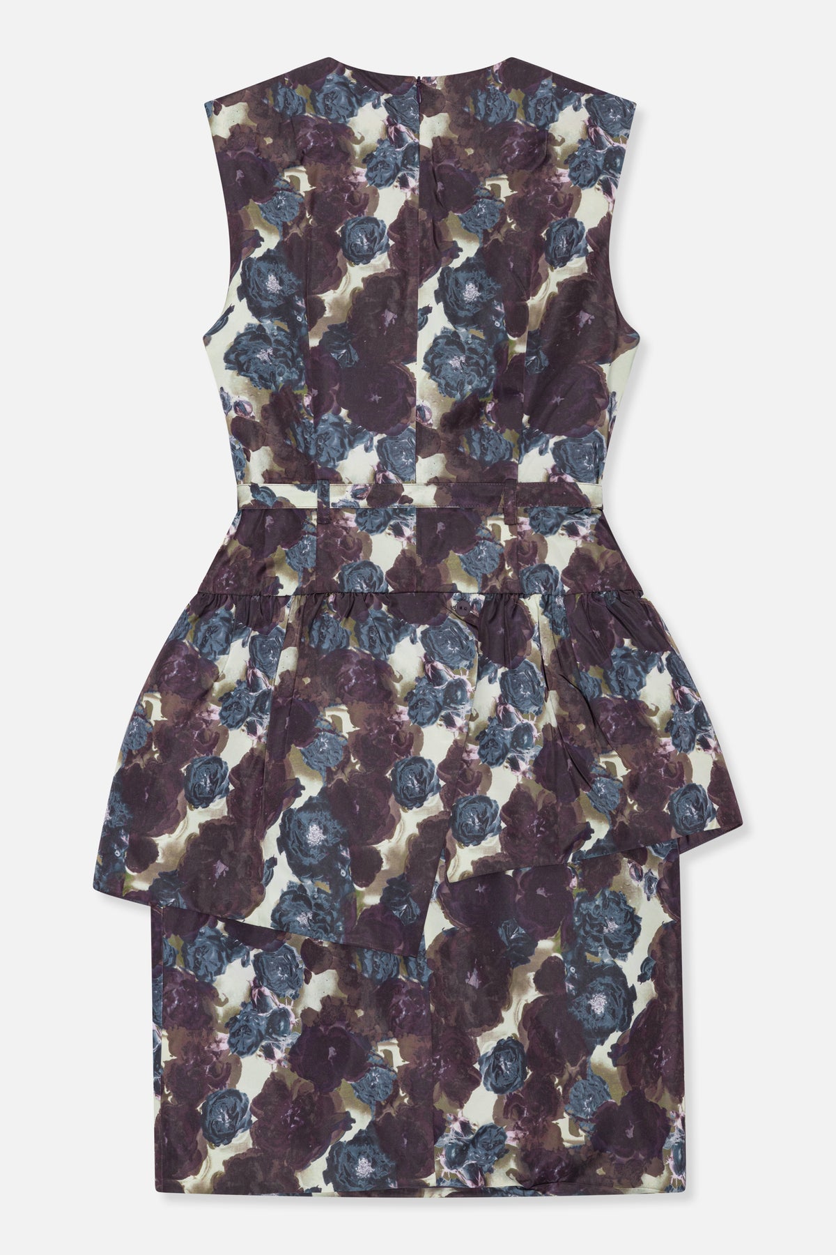 Vue de dos d'une robe sans manches à motif floral, fermeture éclair au centre du dos, taille marquée et jupe évasée, tons prune, bleu et crème