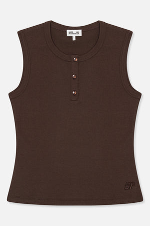 Front view of a dark brown sleeveless top with a scoop neckline, three-button placket and small tonal embroidered logo.