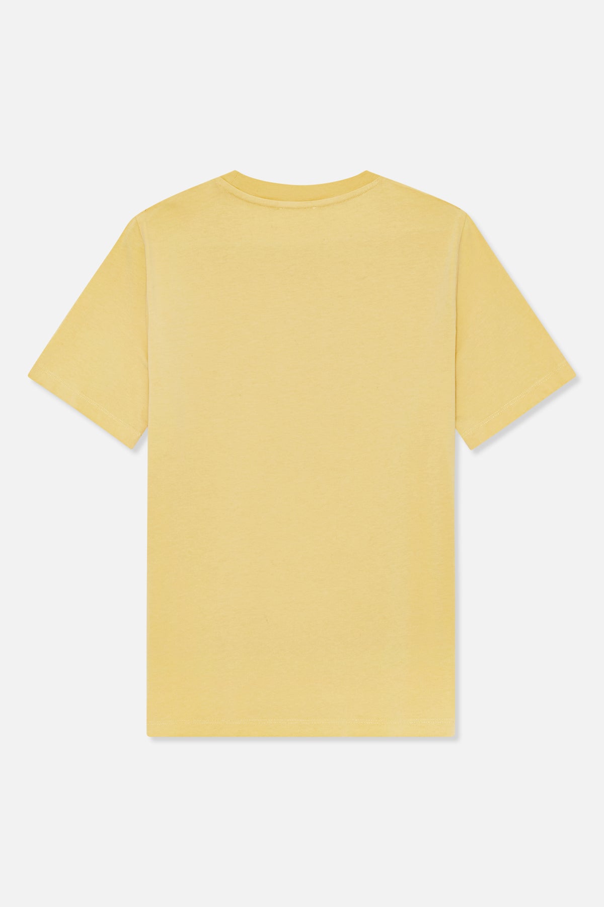 Back view of a plain pale yellow T-shirt with short sleeves and a crew neckline.