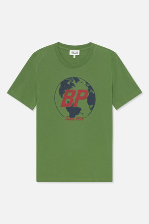 Green short-sleeved crew-neck T-shirt with a front globe graphic, red “BP” lettering and “Since 1999” text.